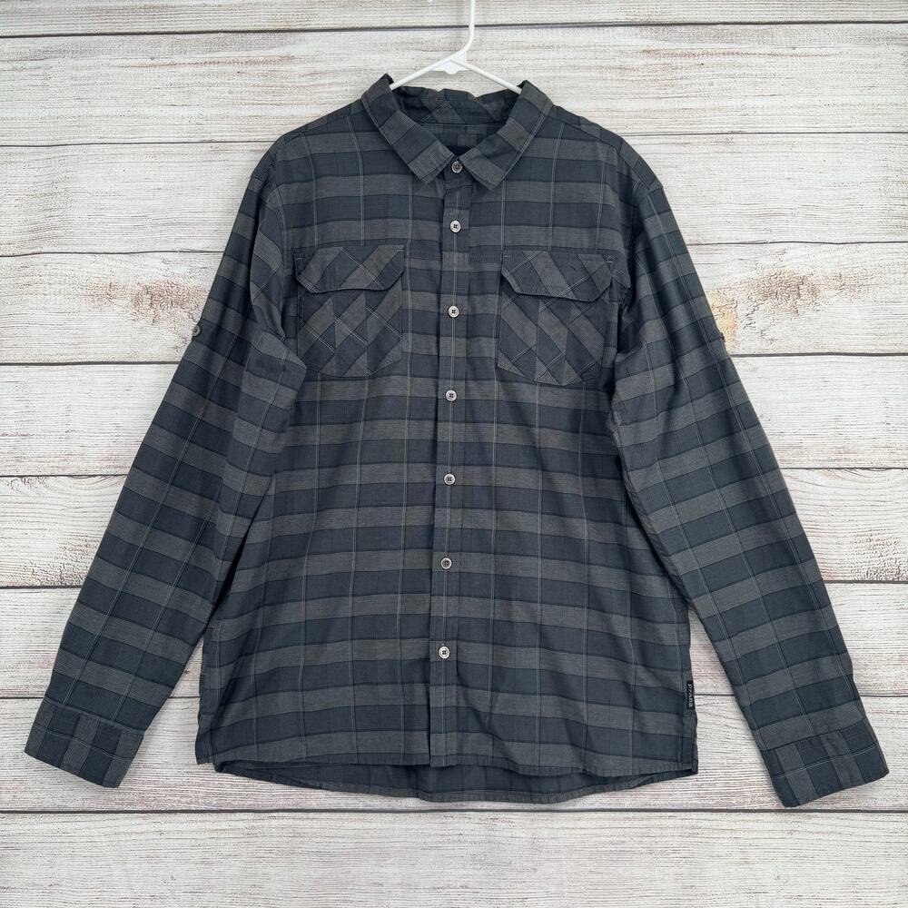 prAna Terrain Roll‎ Tab Sleeve UPF Outdoor Shirt Mens XL Gray Striped